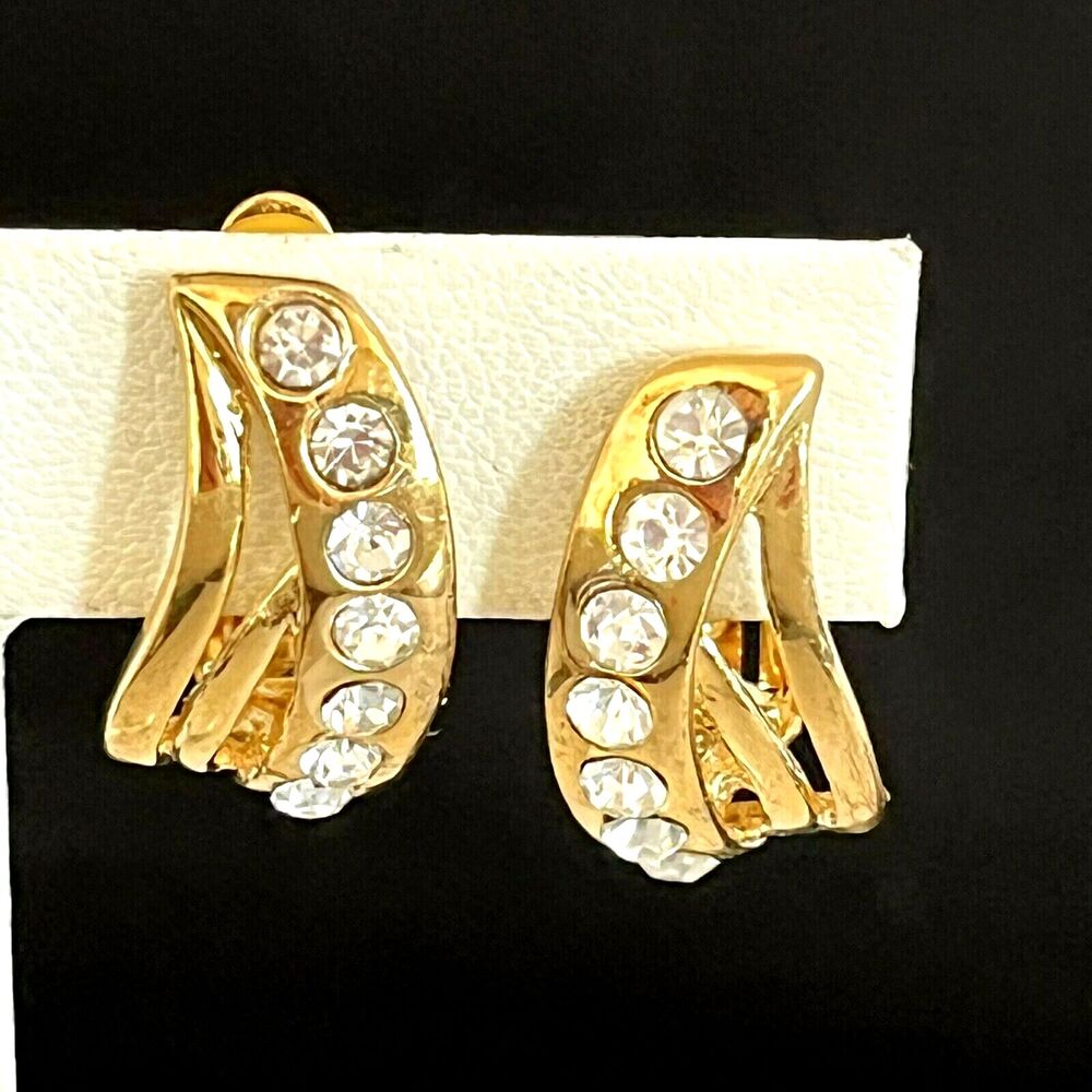 Vintage 1980s Gold Tone Earrings Crystal Clip On Rhinestone Modernist - 3F